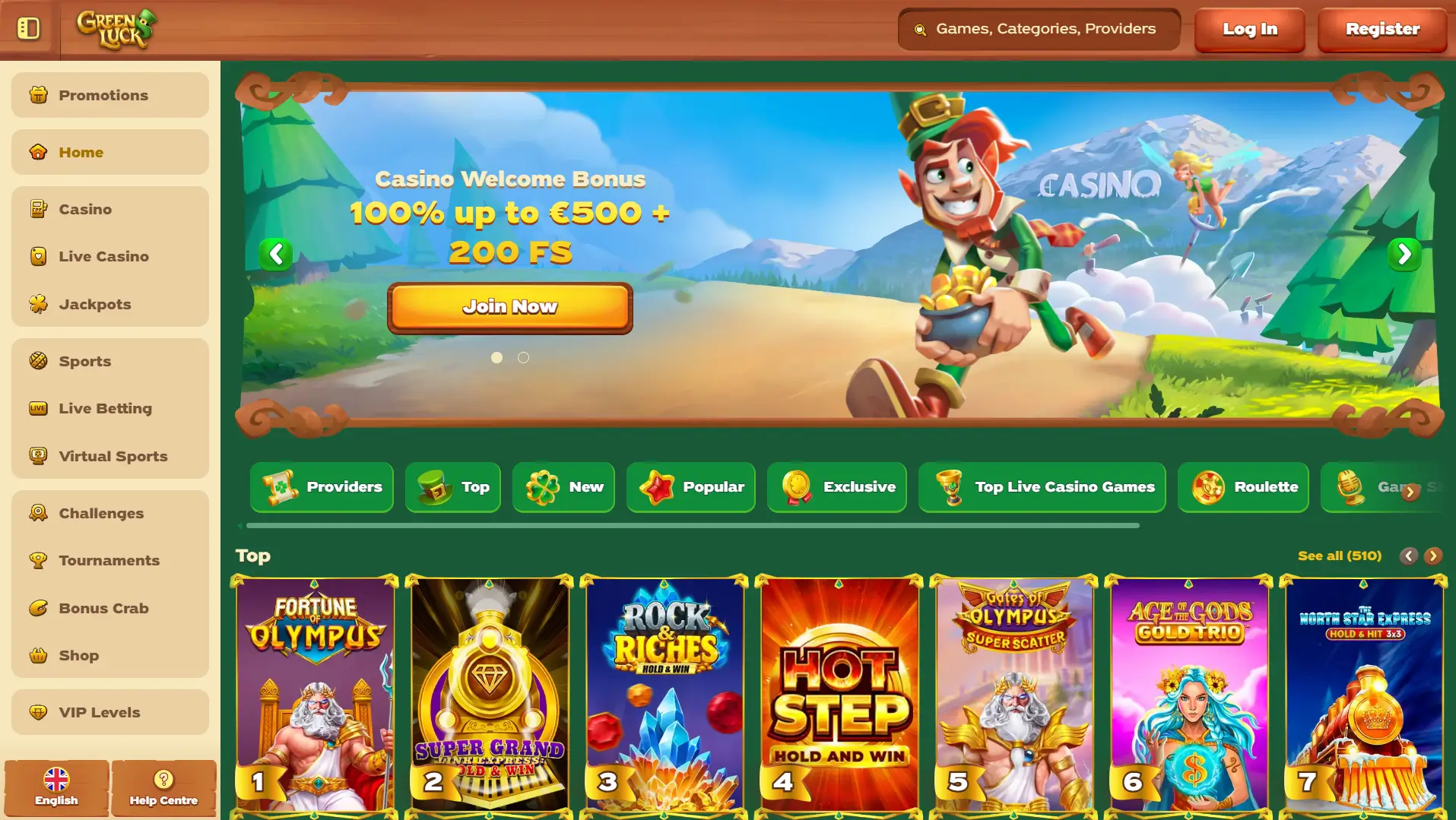 Greenluck Casino startside med velkomstbonus, spilleautomater og kasinokategorier