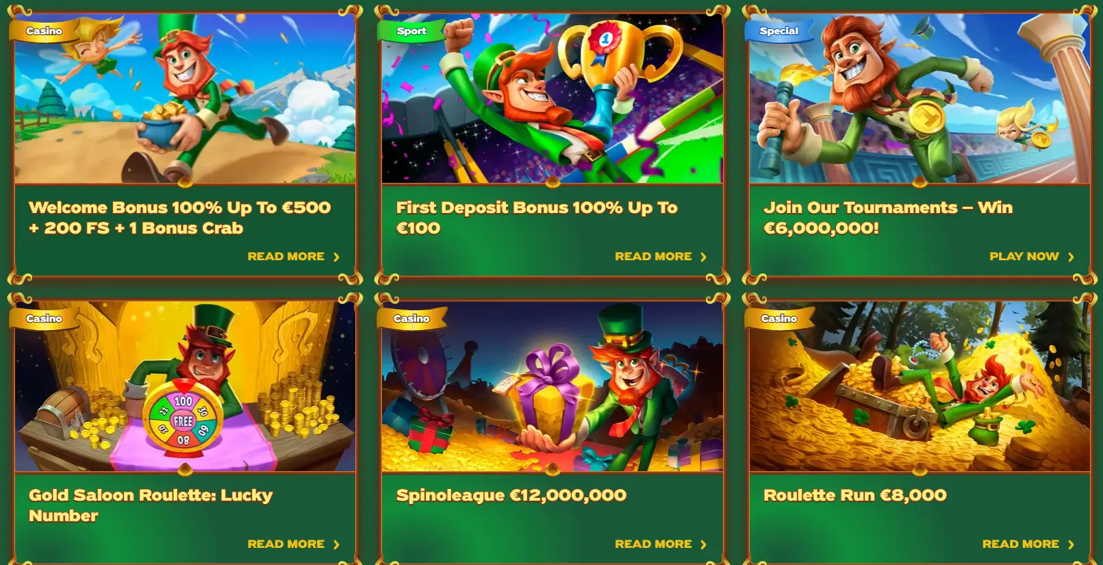Greenluck Casino kampanjeside med velkomstbonus, gratisspinn og kasinoturneringer